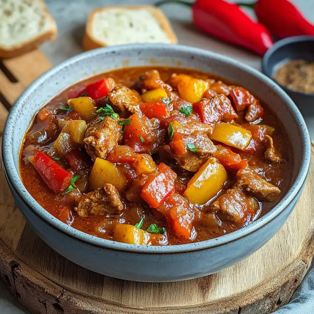 Eine Schüssel voll würziger Eintopf mit Fleisch und buntem Gemüse, garniert mit frischer Petersilie.