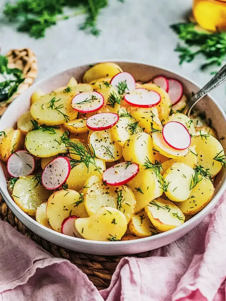 Ein frisch zubereiteter Kartoffelsalat mit Radieschen und Dill in einer weißen Schüssel.