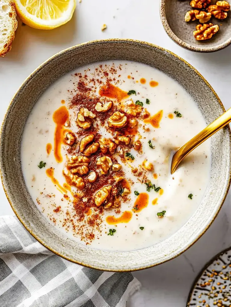 Eine Schüssel mit cremiger Suppe, garniert mit Walnüssen, Paprika und einem Spritzer Öl, begleitet von einer Zitronenscheibe und einem kleinen Teller mit weiteren Walnüssen.