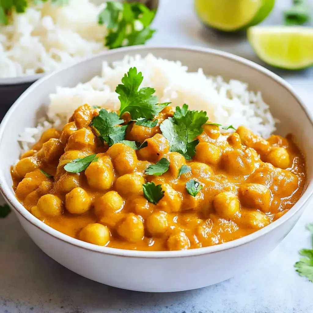 Ein Schälchen Kichererbsencurry mit frischem Koriander und Beilage von weißem Reis.