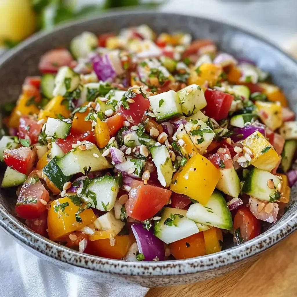 Ein bunter Gemüsesalat aus Tomaten, Gurken, Paprika, Zwiebeln und Kräutern, garniert mit Sesamsamen in einer Schüssel.