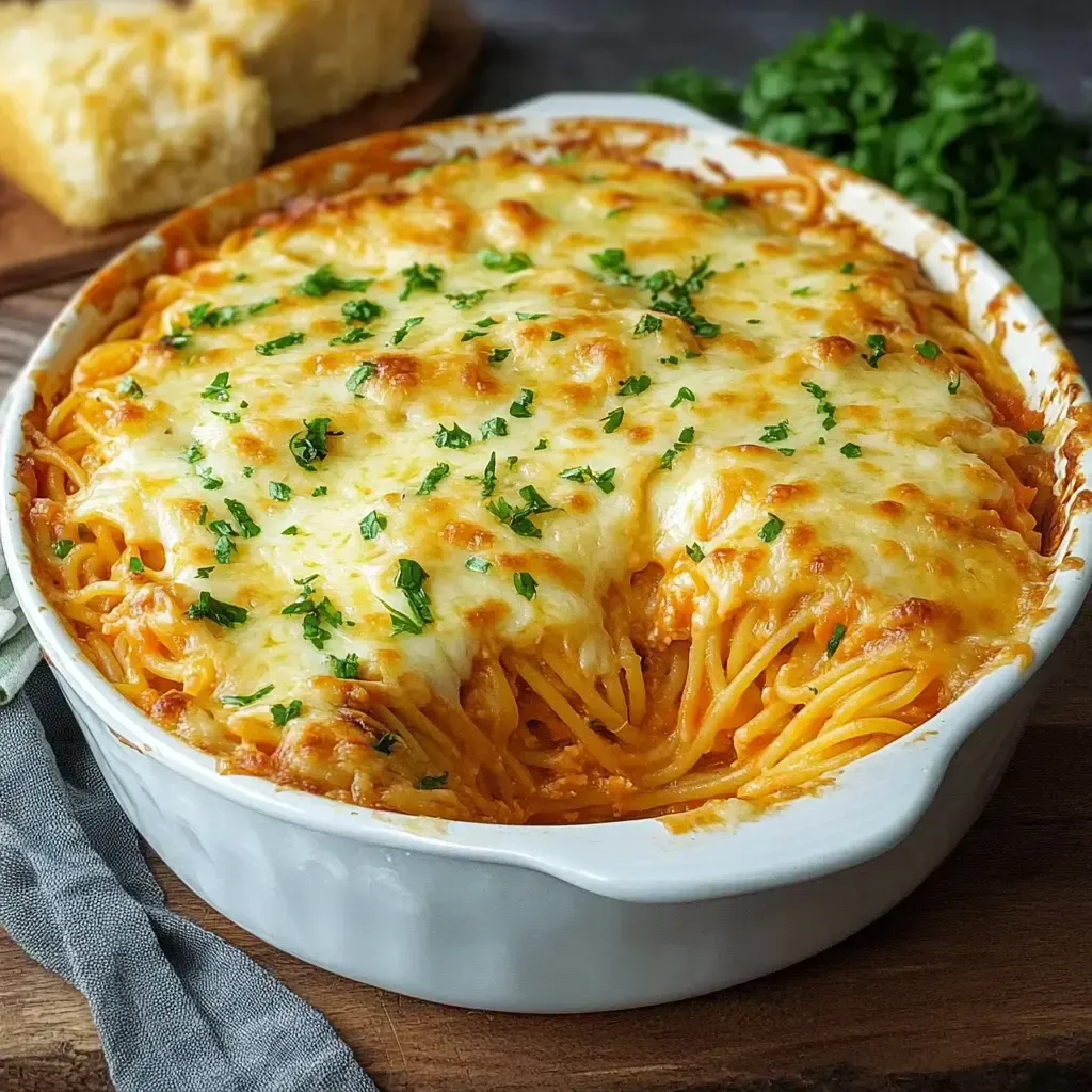 Ein überbackenes Nudelgericht mit Käse und Kräutern in einer weißen Auflaufform.