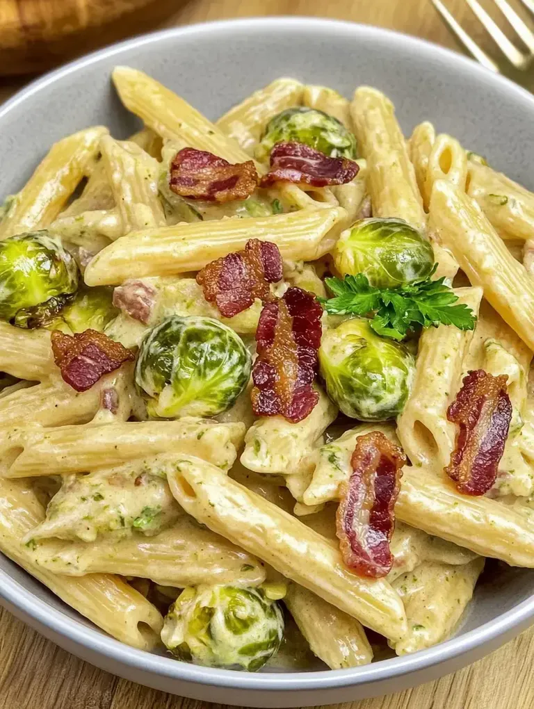 Ein Teller Penne-Pasta mit Rosenkohl und knusprigem Speck in einer cremigen Sauce.