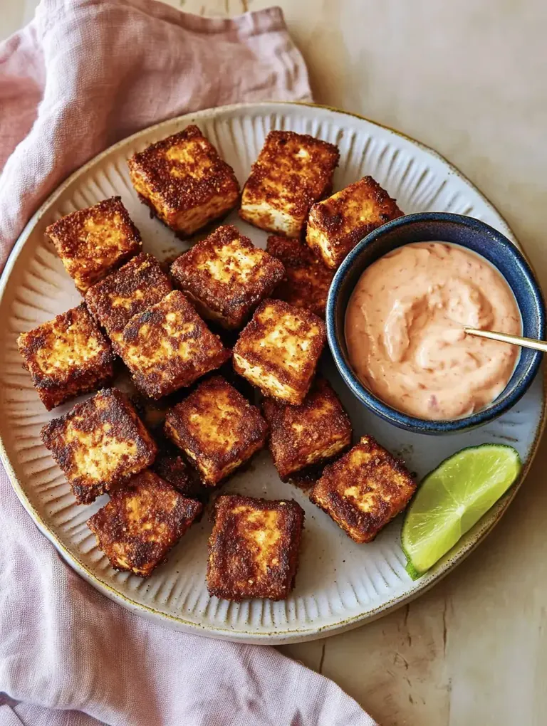 Ein Teller mit knusprig gebratenem Tofu, serviert mit einer cremigen Honig-Sriracha-Sauce und einer Limettenscheibe.