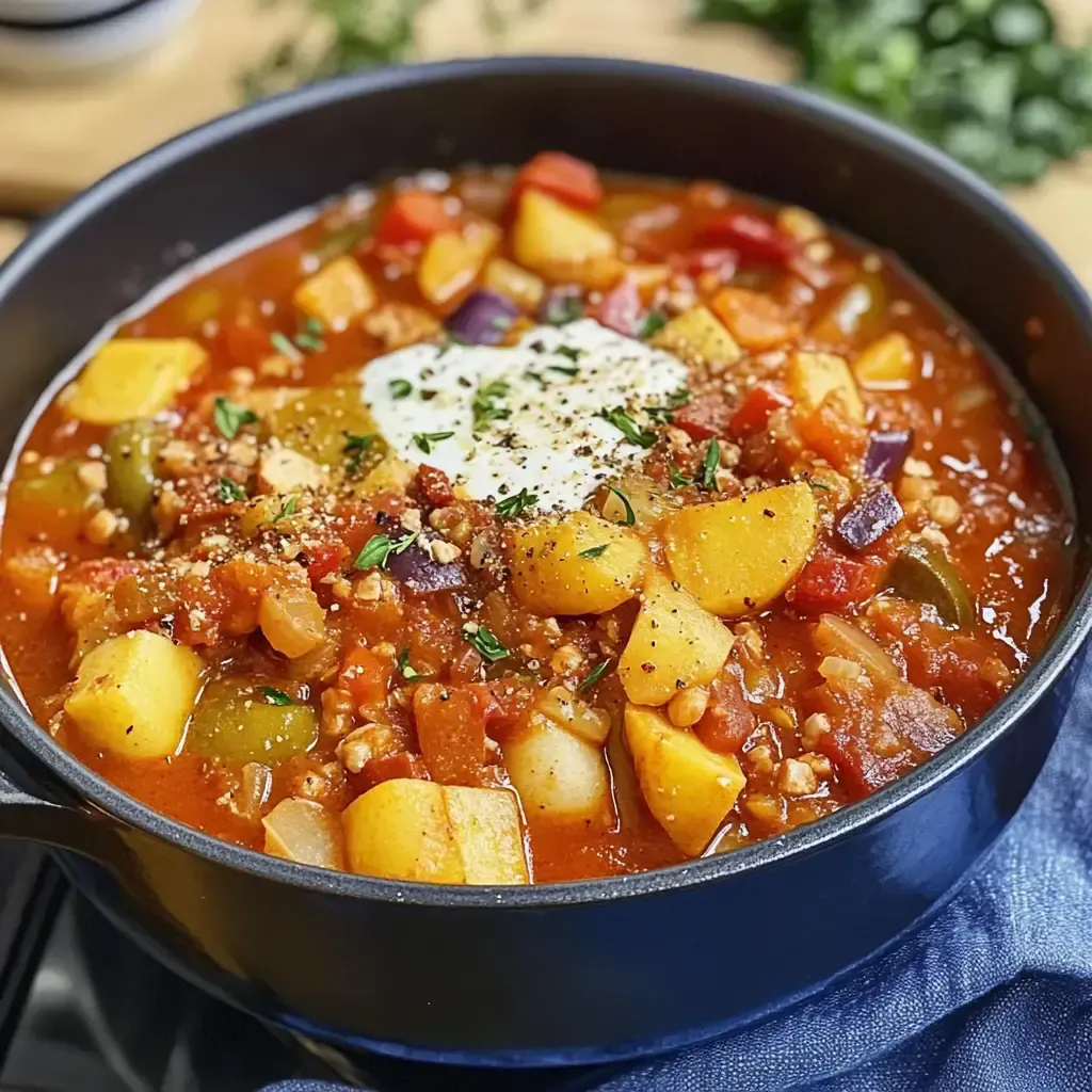 Ein schwarzer Topf mit einer bunten Gemüsesuppe, garniert mit einem Klecks Sauerrahm und gehackten Kräutern.