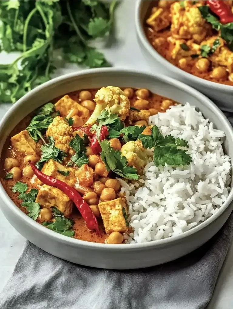 Eine Schüssel mit Kichererbsencurry, Blumenkohl und Tofu, garniert mit frischem Koriander und roten Chilischoten, serviert mit weißem Reis.