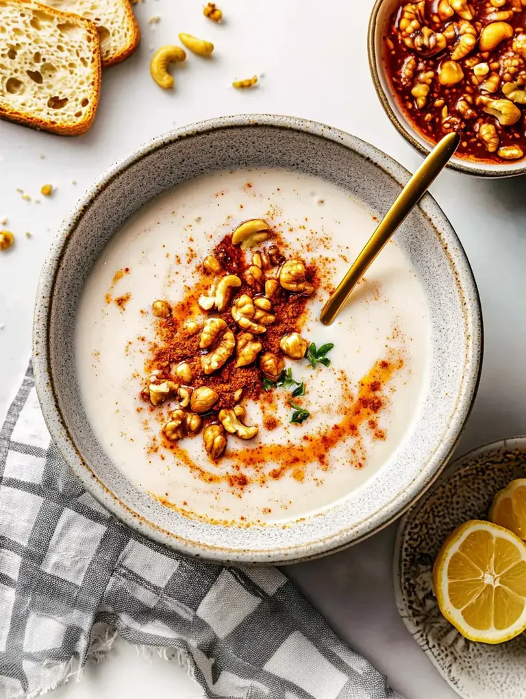Eine Schüssel mit cremiger Suppe, garniert mit Nüssen und Gewürzen, umgeben von Zitronenscheiben und Brot.