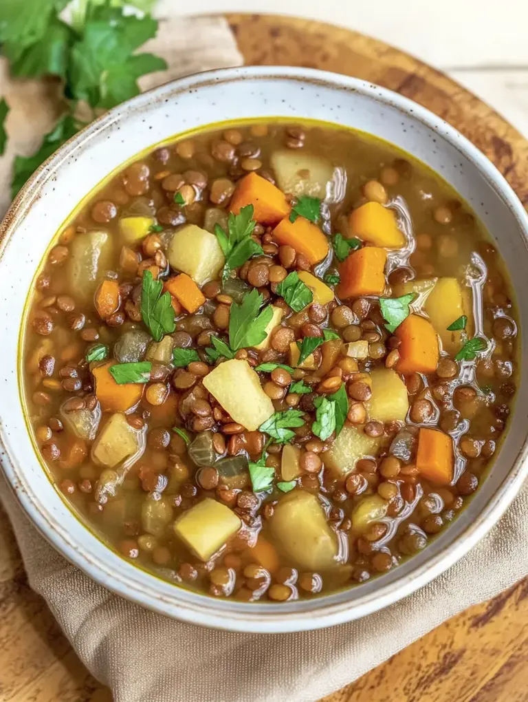 Ein Teller mit Linsensuppe, angereichert mit würfeligem Gemüse und frischen Kräutern.