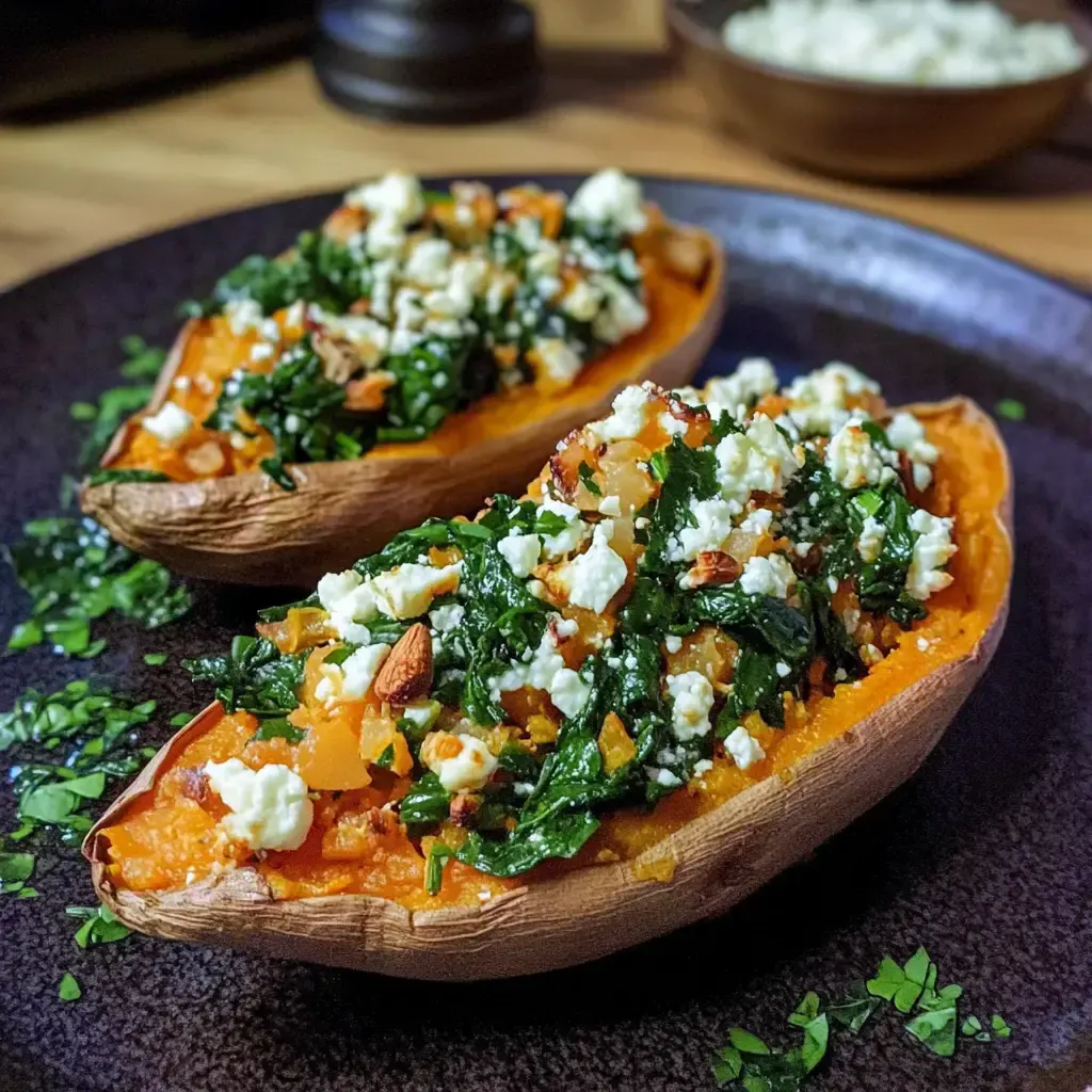 Gefüllte Süßkartoffeln mit Spinat, Feta und Nüssen auf einem schwarzen Teller.
