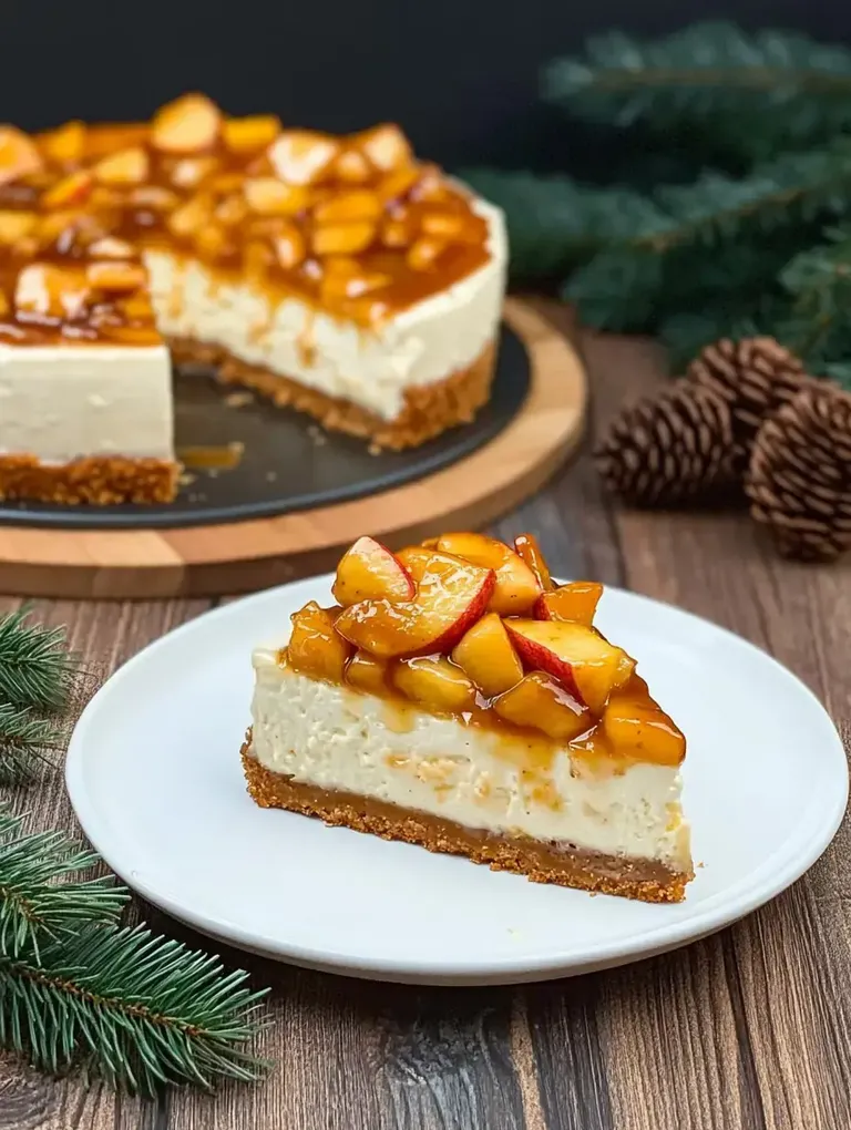 Ein Stück Käsekuchen mit Apfelbelag auf einem weißen Teller vor einer halben Torte und einem rustikalen Holztisch.