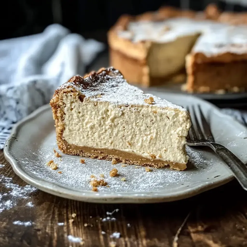 Ein Stück Käsekuchen mit einer lockeren Füllung und einem Keksboden, bestäubt mit Puderzucker, auf einem Teller.