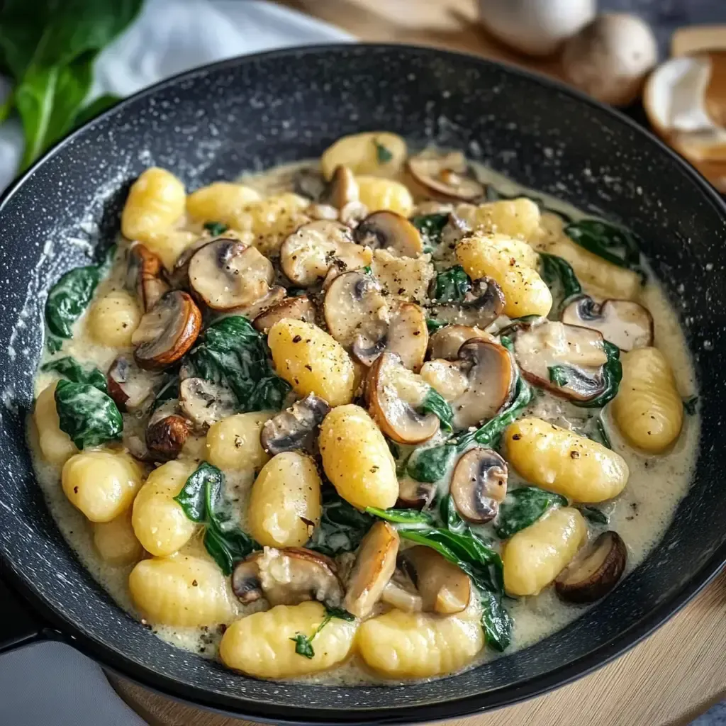 Eine Pfanne mit Gnocchi in einer cremigen Sauce, garniert mit Pilzen und frischem Spinat.