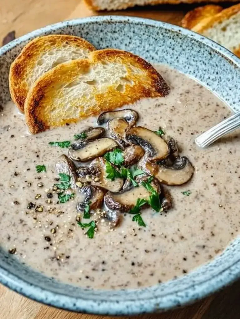 Eine Schüssel cremige Pilzsuppe mit angebratenen Pilzen und frischer Petersilie, begleitet von zwei gerösteten Brotscheiben.