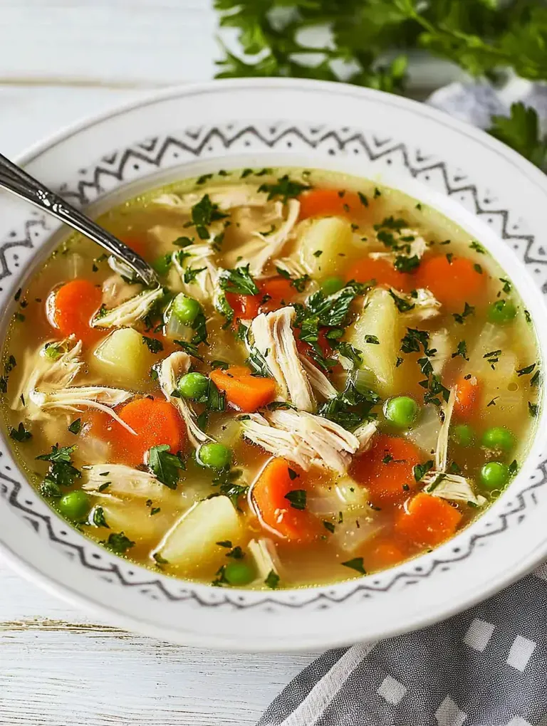 Eine Schüssel Hühnersuppe mit Gemüse wie Karotten, Erbsen und Kartoffeln, garniert mit frischer Petersilie.