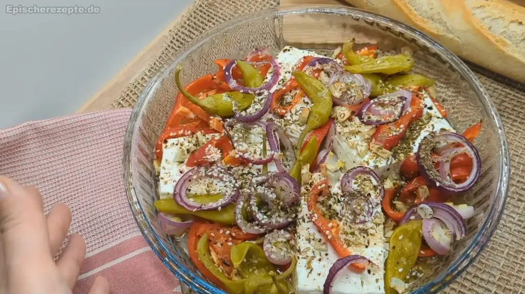 Überbackener Schafskäse mit Tomaten und Oliven