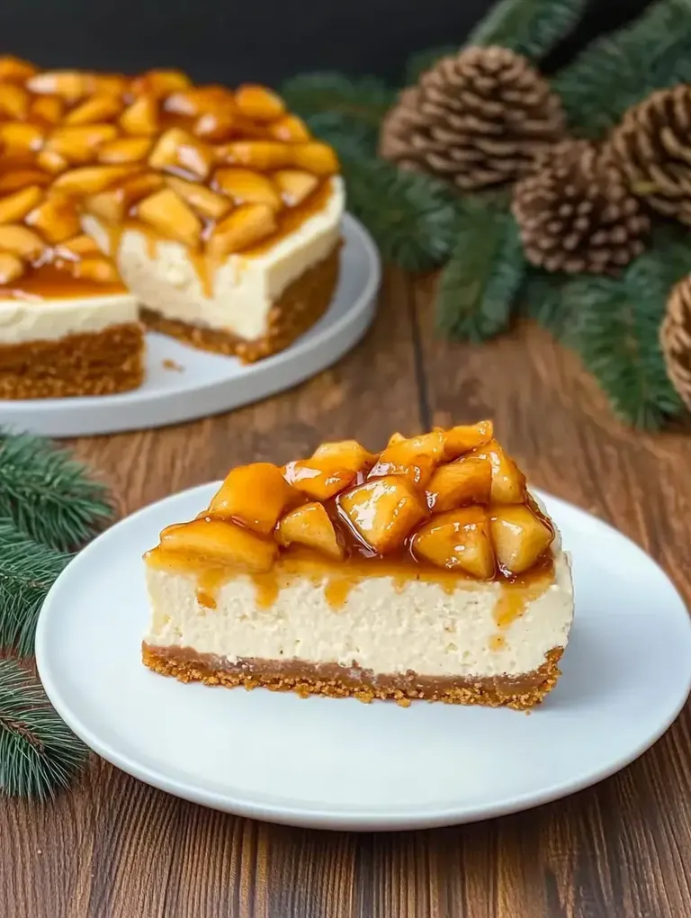 Ein Stück Käsekuchen mit karamellisierten Äpfeln und einem Kekskrümelboden, auf einem weißen Teller serviert.