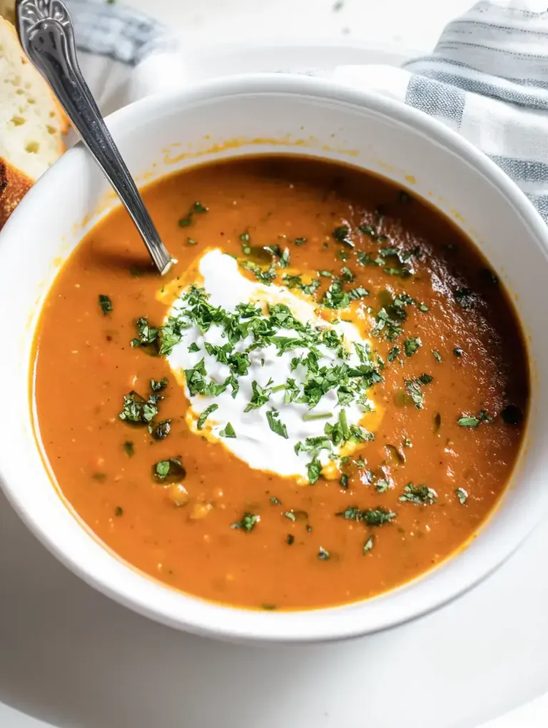 Eine Schüssel mit oranger Suppe, garniert mit einem Klecks saurer Sahne und frischem, gehacktem Koriander.