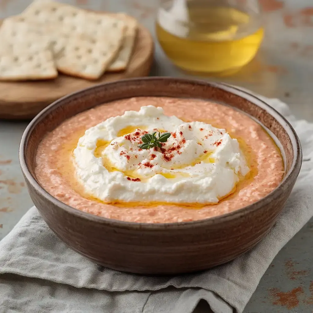 Eine Schüssel mit einer cremigen Tomatensuppe, garniert mit Sahne, Olivenöl, Paprika und einem Zweig Thymian, daneben knusprige Cracker auf einem Holzbrett.