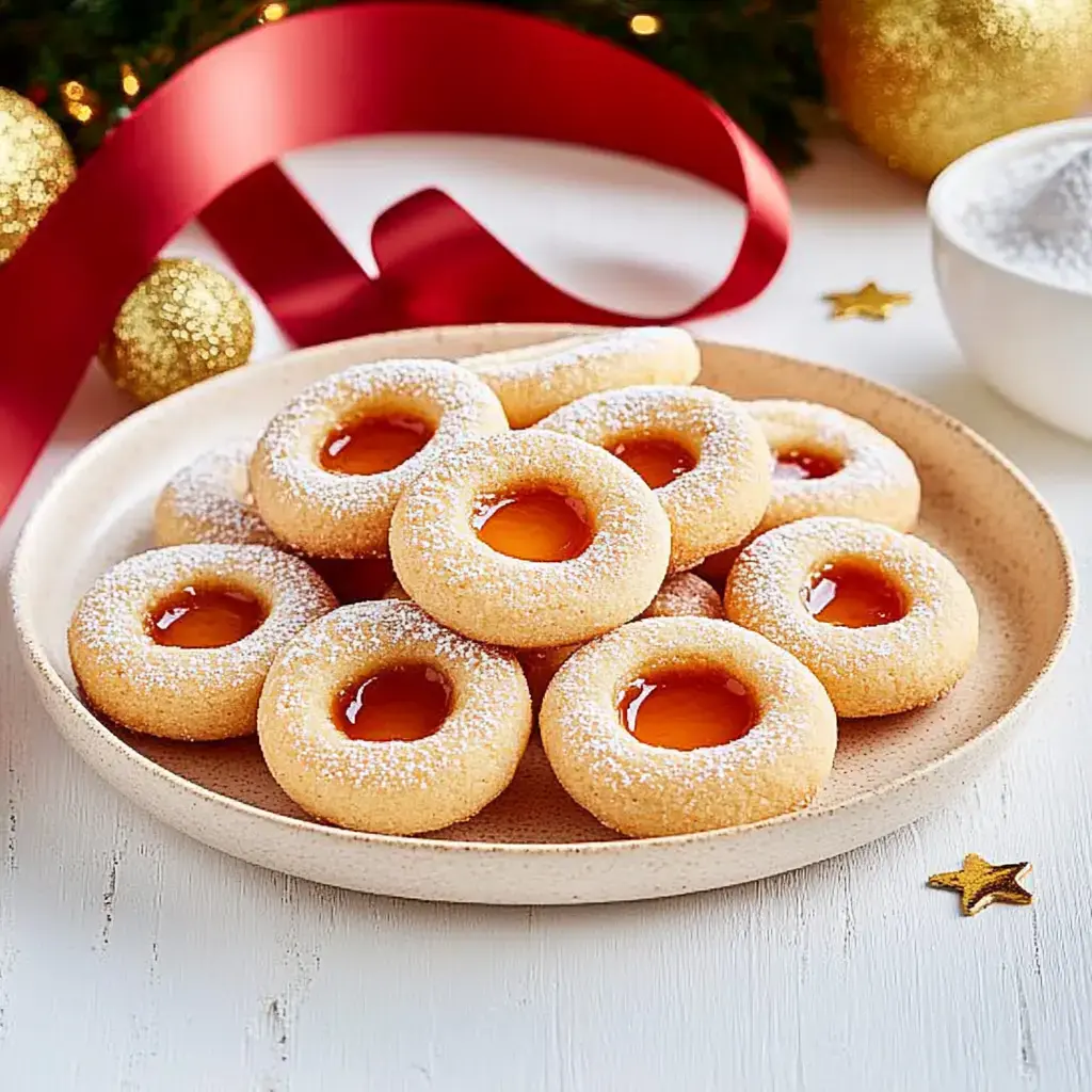 Ein Teller mit Butterplätzchen mit einem Loch in der Mitte, gefüllt mit Fruchtmarmelade und bestäubt mit Puderzucker, umgeben von Weihnachtsdekoration.