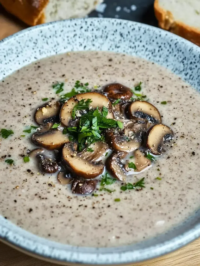 Eine Schüssel cremige Champignon-Suppe mit frischen Kräutern und Pilzen, serviert mit einer Scheibe Brot im Hintergrund.