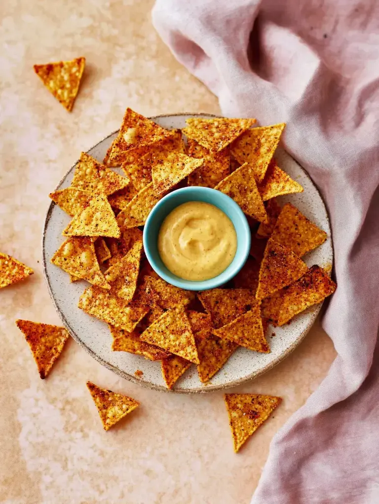 Ein Teller mit gewürzten Tortilla-Chips, umgeben von einigen verstreuten Chips, und einer kleinen Schale mit einer cremigen Sauce in der Mitte.