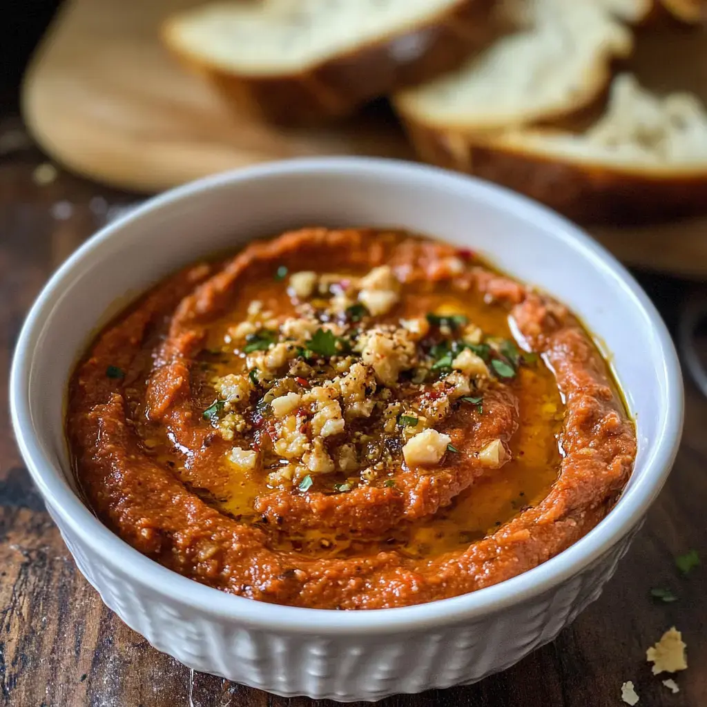 Eine Schüssel mit würzigem, rötlichem Dip, garniert mit gehackten Nüssen und Kräutern, neben Scheiben Brot.