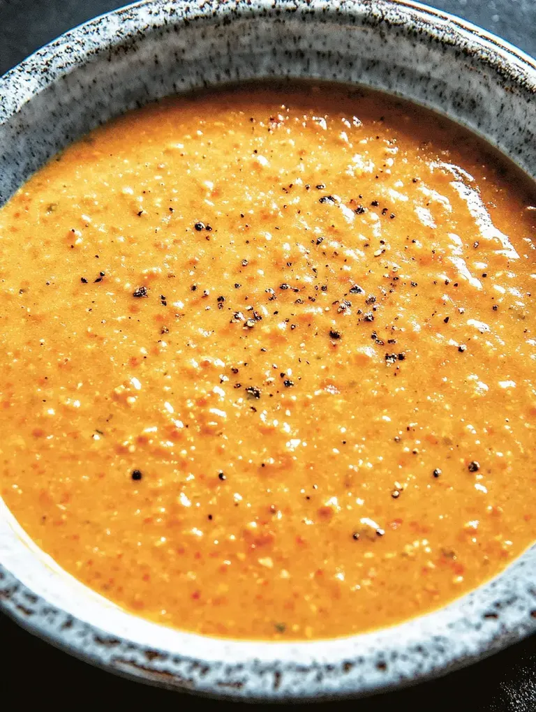 Eine schüssel mit einer cremigen, orangefarbenen Suppe, die mit schwarzem Pfeffer bestreut ist.