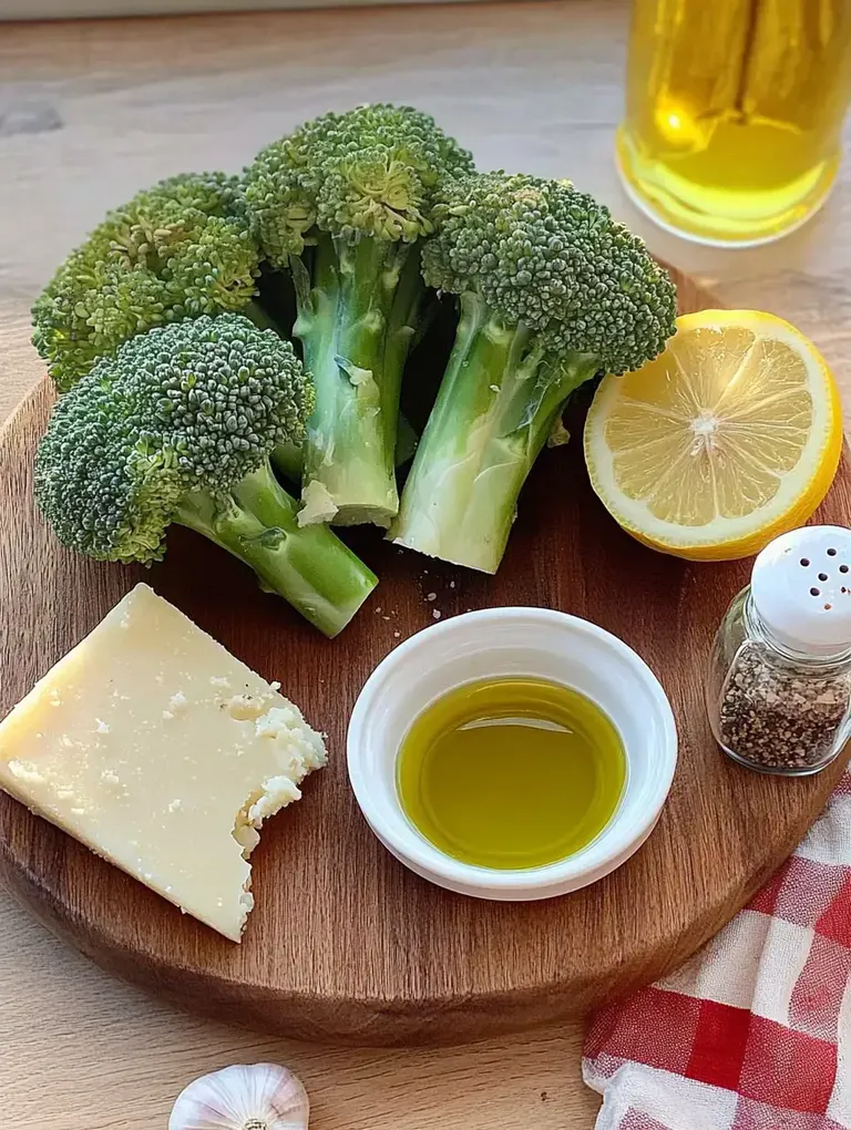 Eine Holzplatte mit Brokkoli, einer halben Zitrone, Olivenöl, Käse und Gewürzen.