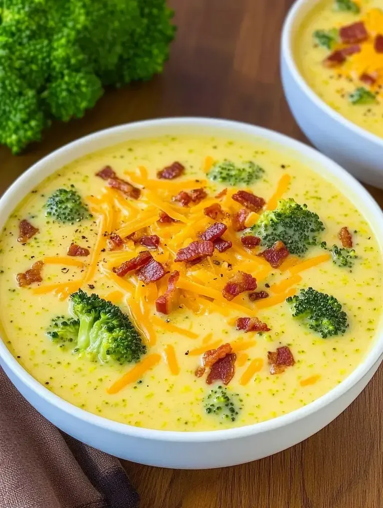Eine cremige Brokkoli-Käse-Suppe in einer weißen Schüssel, garniert mit Speckstückchen und Cheddar-Käse.
