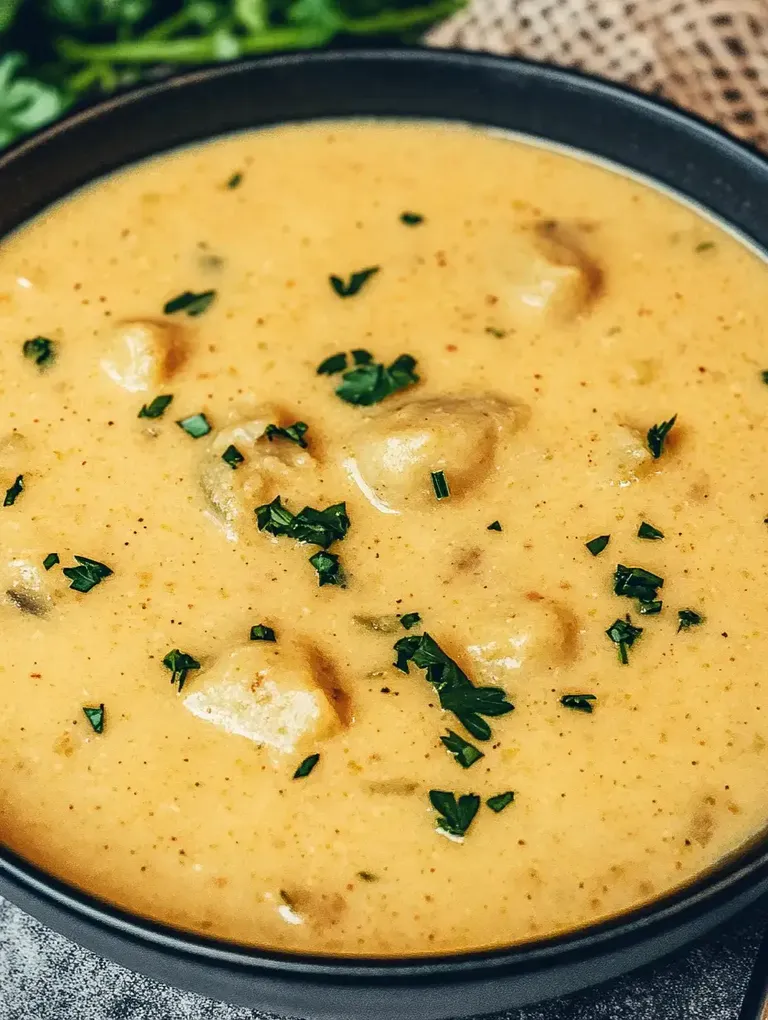 Ein Teller cremiger Suppe mit kleinen Klößchen und gehackter Petersilie garniert.