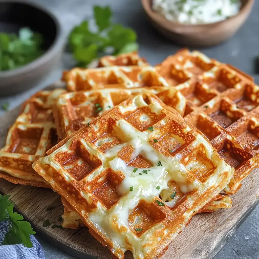Ein Teller mit goldbraunen Waffeln, die mit geschmolzenem Käse und frischen Kräutern garniert sind.