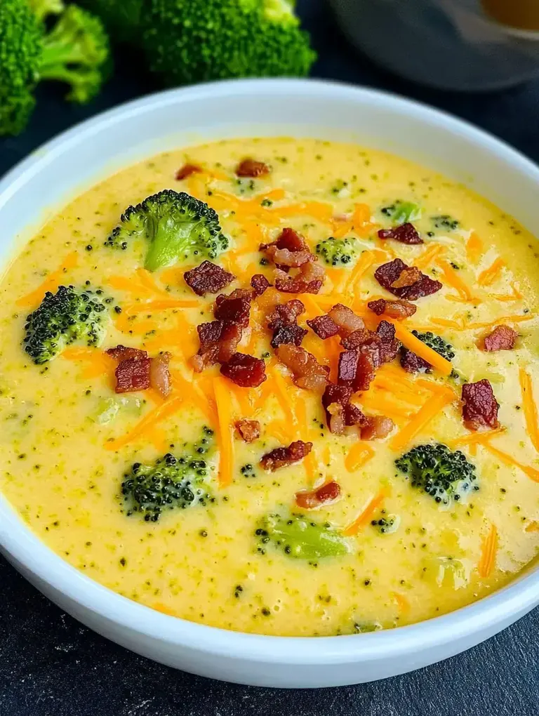Eine Schüssel mit cremiger Brokkolisuppe, garniert mit geriebenem Cheddarkäse und knusprigem Speck.