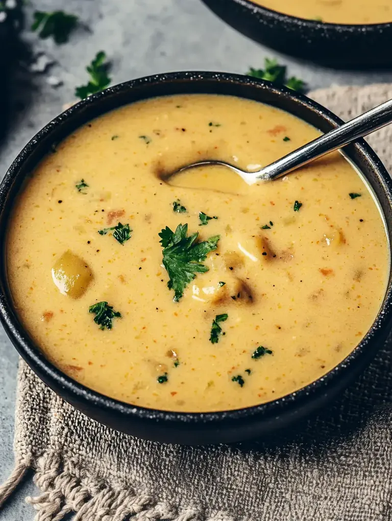 Eine cremige Suppe mit Stückchen und frischem Koriander in einer schwarzen Schüssel.