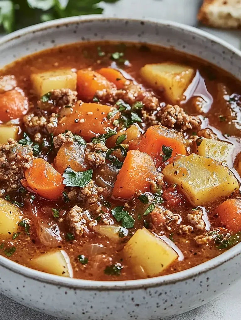 Eine Schüssel mit herzhaftem Eintopf aus Hackfleisch, Kartoffeln, Karotten und frischen Kräutern.