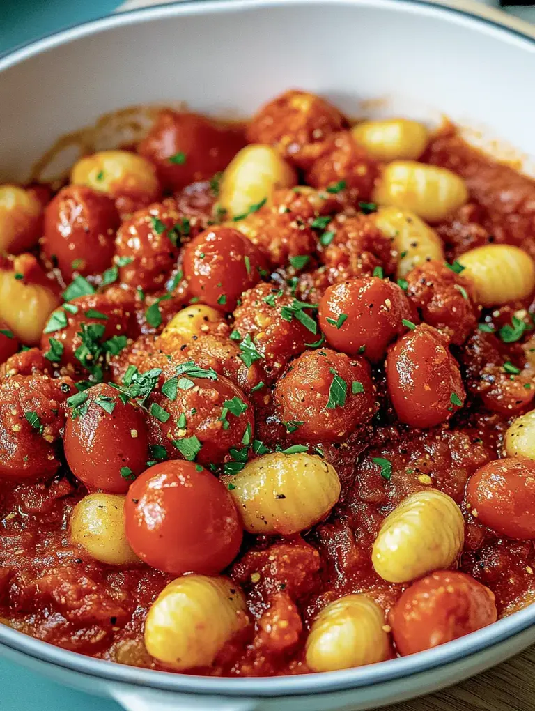 Ein weißer Schüssel mit roten Kirschtomaten und gelben Gnocchi in einer Tomatensauce, garniert mit frischer Petersilie.