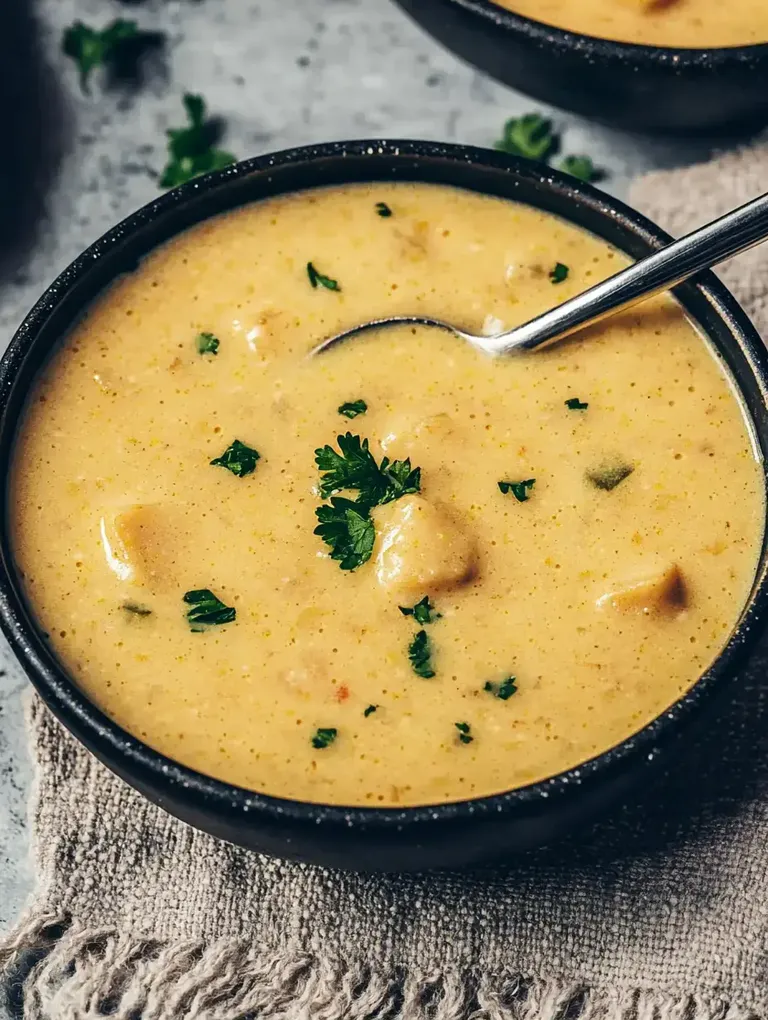 Eine Schüssel cremige Suppe mit Kräutern, die auf einem Tisch steht.