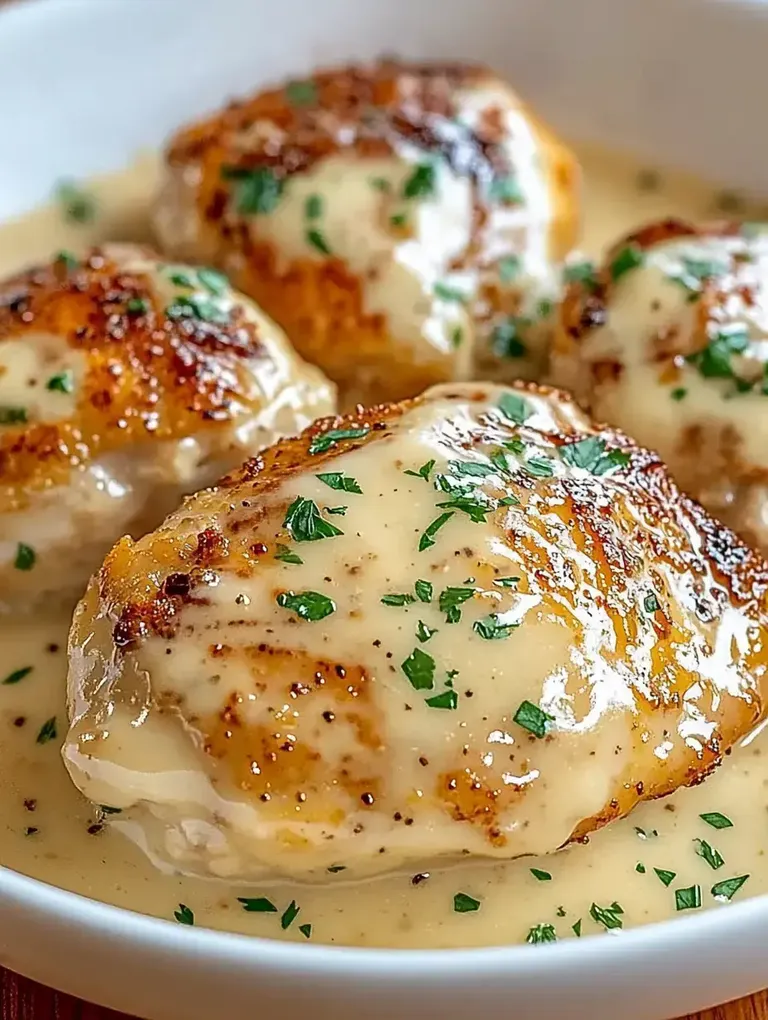 Ein Teller mit goldbraun gebratenen Hühnerbrustfilets, überzogen mit einer cremigen Sauce und garniert mit frischer Petersilie.