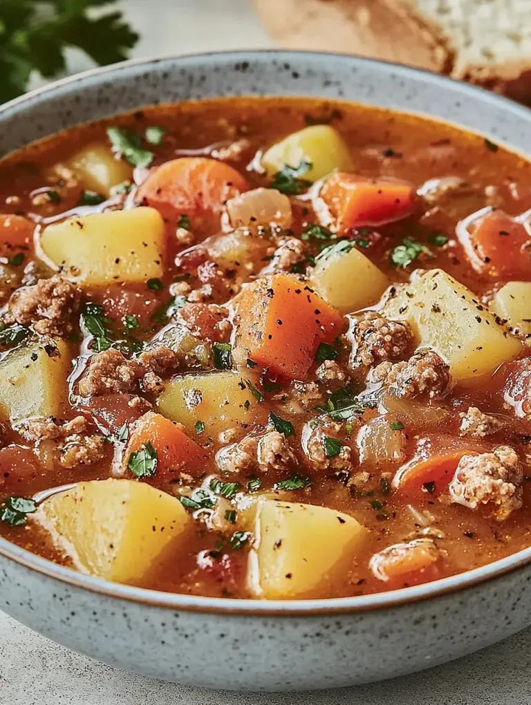 Eine Schüssel mit herzhaftem Eintopf, gefüllt mit Kartoffeln, Karotten, Zwiebeln und Hackfleisch, garniert mit frischen Kräutern.