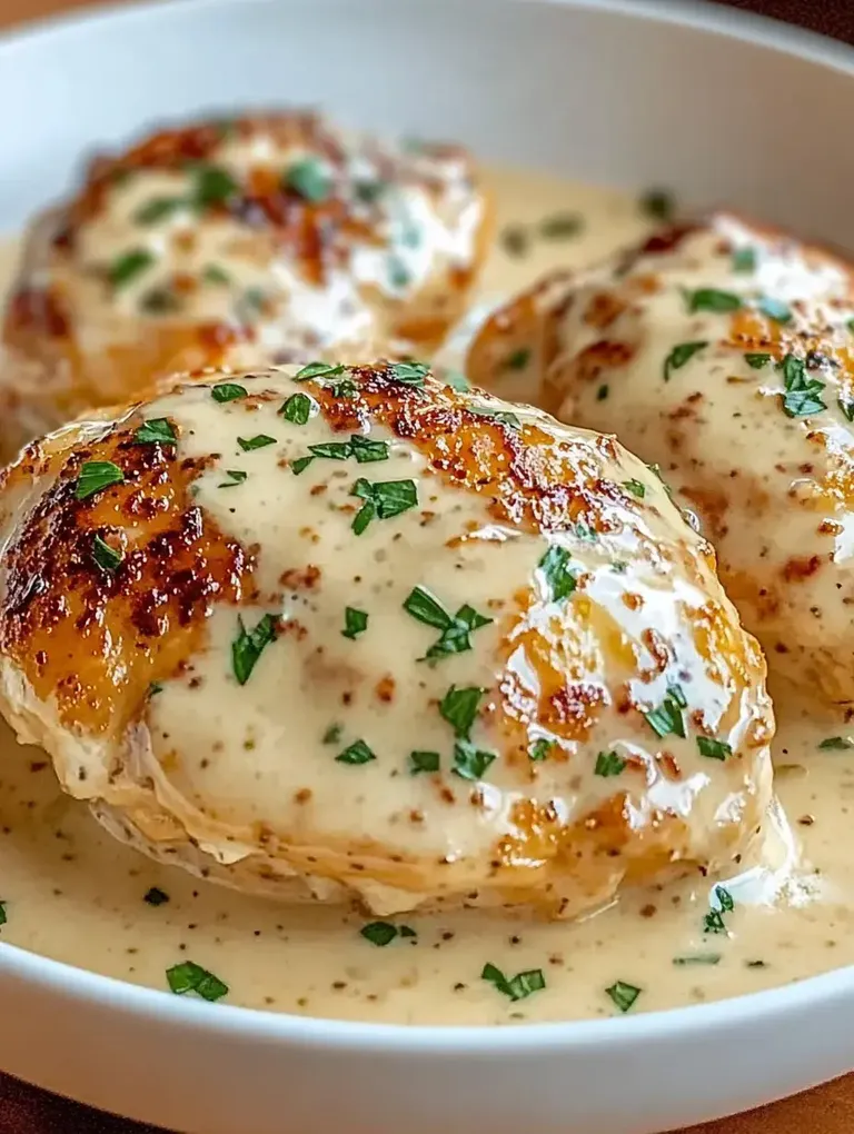 Ein Teller mit gebratenen Hähnchenstücken in einer cremigen Sauce, garniert mit frischen Kräutern.