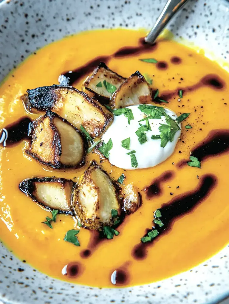 Eine Schüssel mit cremiger Kürbissuppe, garniert mit angebratenen Stücken, einem Klecks Sauerrahm und frischen Kräutern.