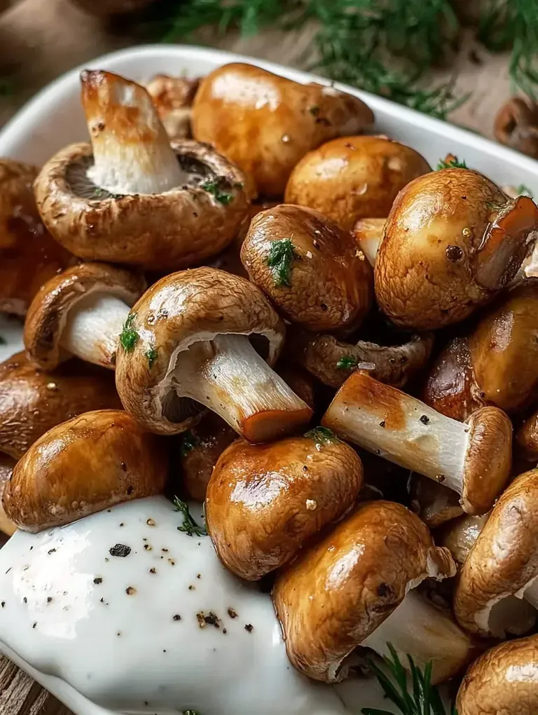 Ein Teller mit gebratenen Champignons, garniert mit frischen Kräutern und einer Portion Joghurtdip.