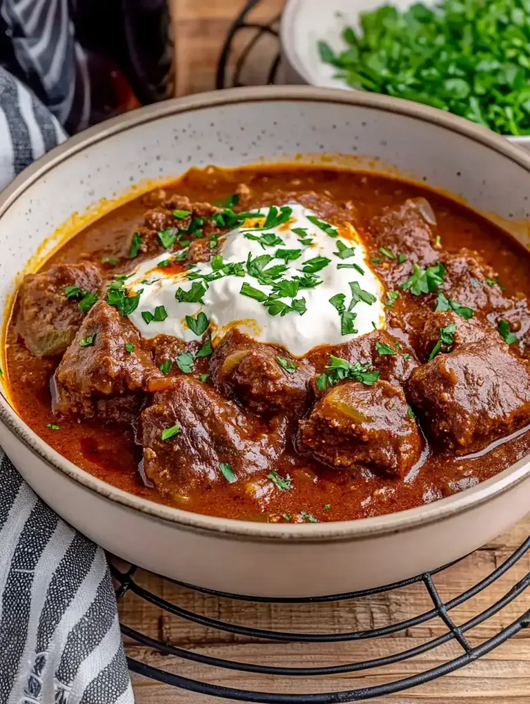 Ein Teller mit herzhaftem Fleischragout, garniert mit saurer Sahne und frischem Schnittlauch, auf einem Holztisch.
