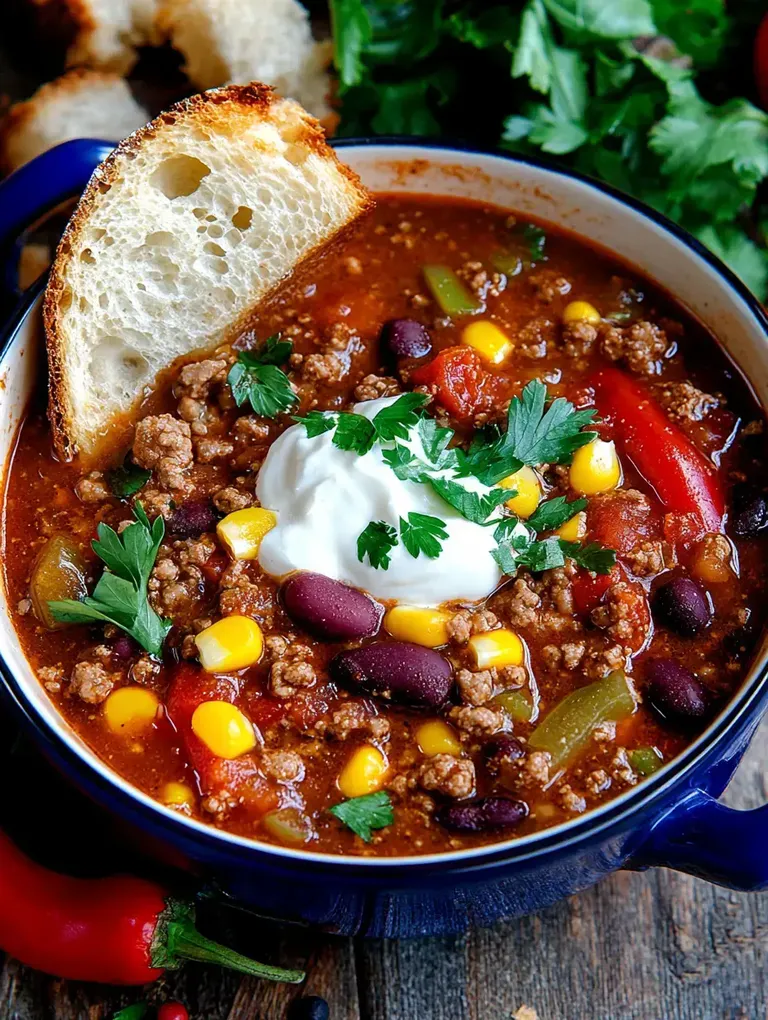 Eine Schüssel mit würzigem Chili con Carne, garniert mit saurer Sahne, frischem Koriander und einer Scheibe Brot.