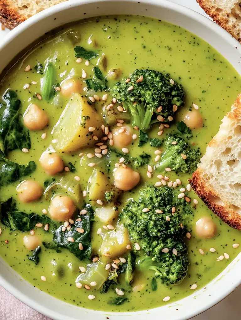 Eine Schüssel mit grüner Suppe, die Brokkoli, Kichererbsen, Blattgemüse und geröstete Sesamsamen enthält, neben einer Scheibe geröstetem Brot.