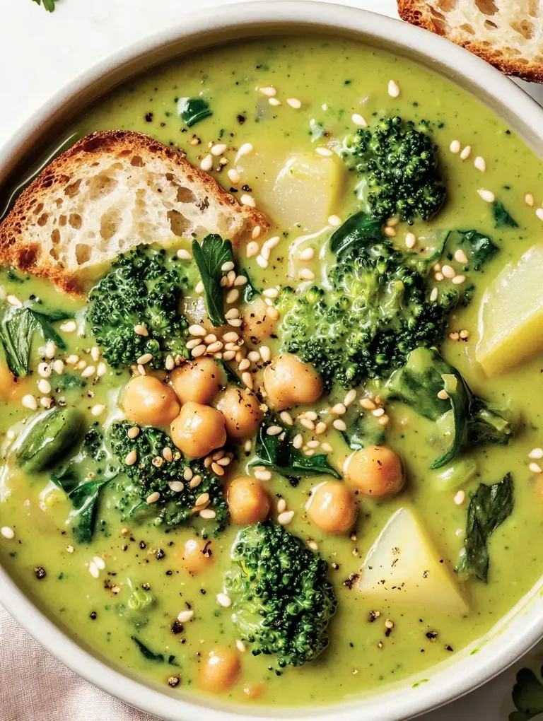 Eine Schüssel mit grünem Gemüse- und Kichererbsensuppe, garniert mit Sesam und einer Scheibe Brot.
