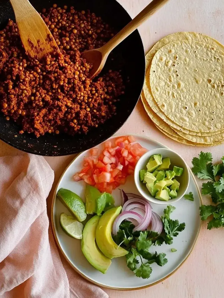 Eine Pfanne mit einer bräunlichen Linsenfüllung steht neben einem Teller mit frischem Gemüse, Limetten, Avocado und Tortillas.