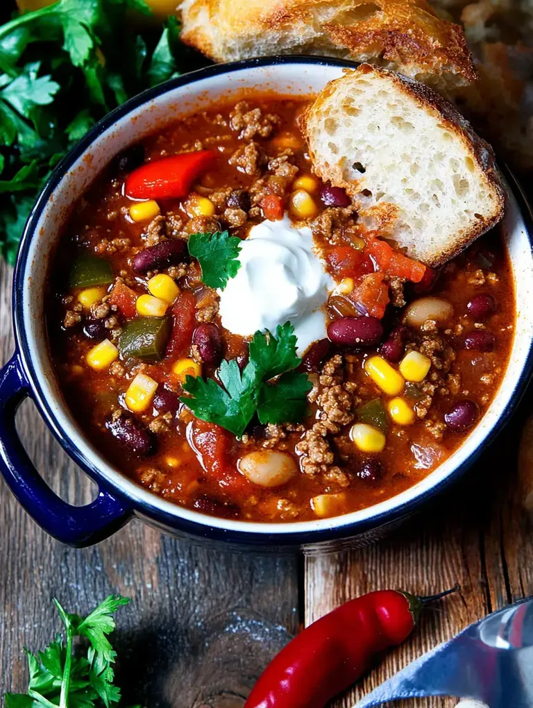 Eine Schüssel mit herzhaftem Chili con Carne, garniert mit saurer Sahne und frischem Koriander, begleitet von Brot und frischen Kräutern.