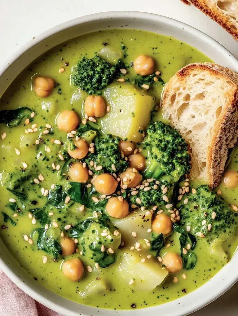 Eine Schüssel grüne Suppe mit Brokkoli, Kichererbsen und Sesam, begleitet von einer Scheibe Brot.