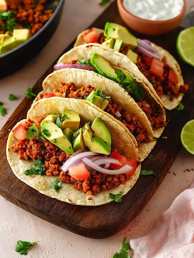 Drei gefüllte Tacos auf einem Holzbrett, belegt mit würzigem Hackfleisch, Avocado, Tomaten, Zwiebeln und frischem Koriander.