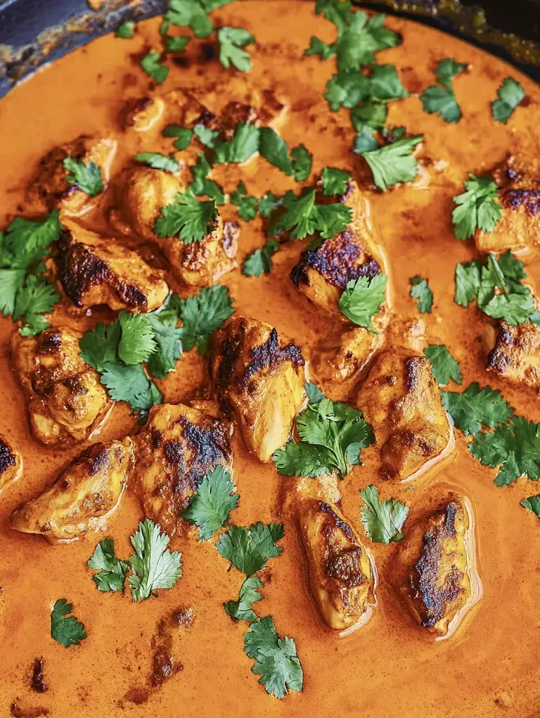 Ein Gericht mit in einer würzigen, roten Sauce gebratenem Hähnchen, garniert mit frischem Koriander.